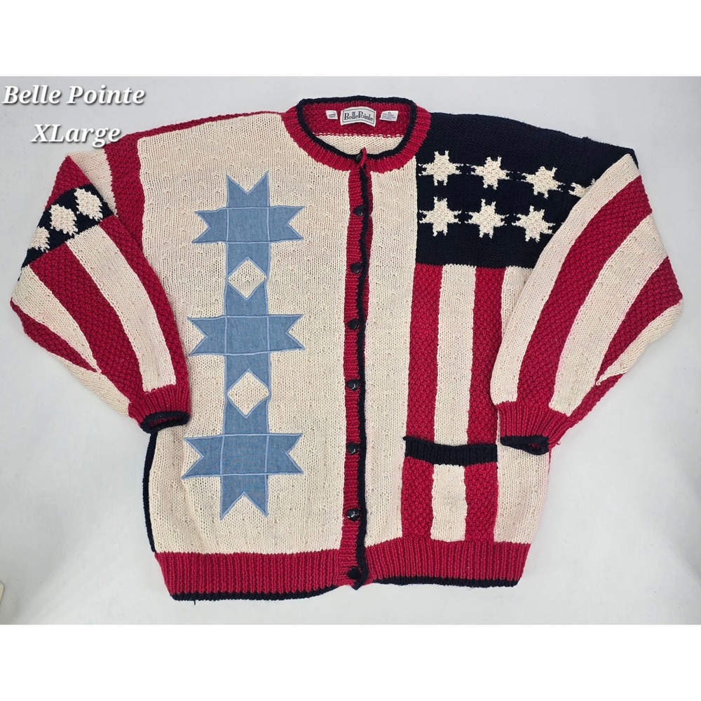Vintage BellePointe Americana Flag Cardigan XL Hand Knit Stars Stripes Patriotic